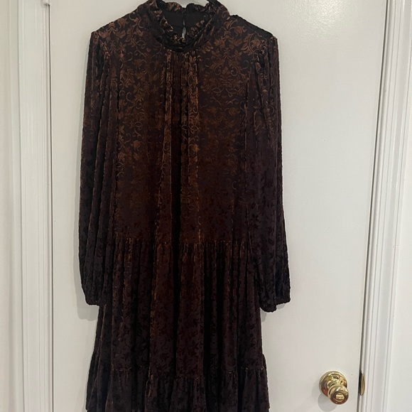 Maison Tara Women’s Dress Size 14 Brown Burnout Velvet Boho Cocktail Party - Picture 1 of 5